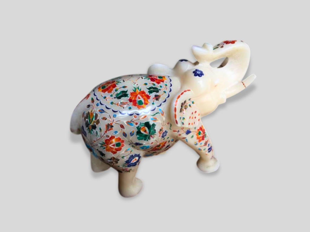 Floral Marble Trunk Up Elephant Statue Multi Semi Precious Inlay Stone 